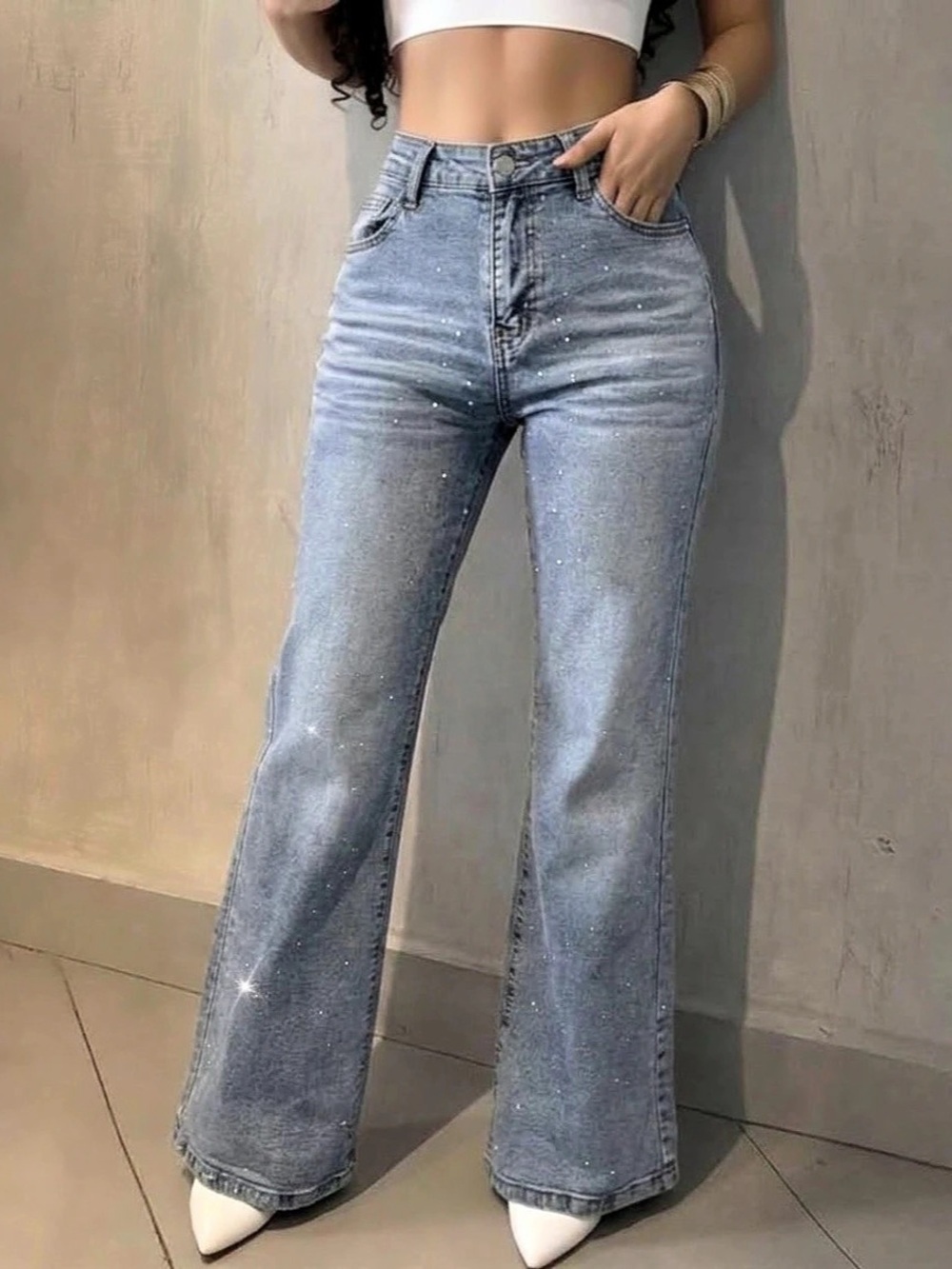 Chicme All-Over Rhinestone Wide Leg Jeans – Size Large Stretch Denim High Rise